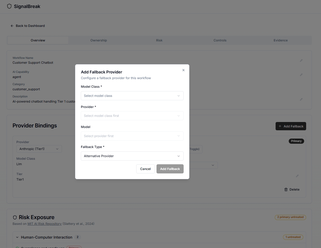 Add Fallback Provider modal for configuring workflow model bindings