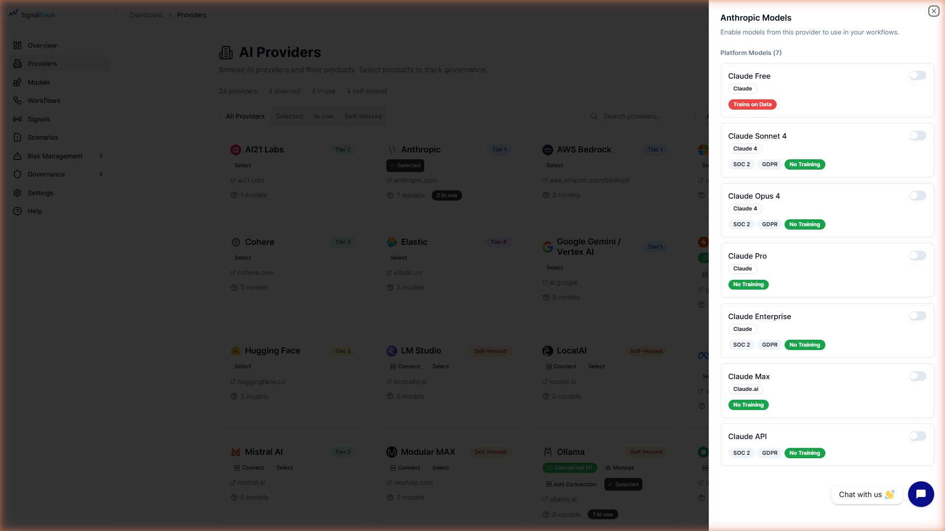 Provider directory Products tab showing model enablement options