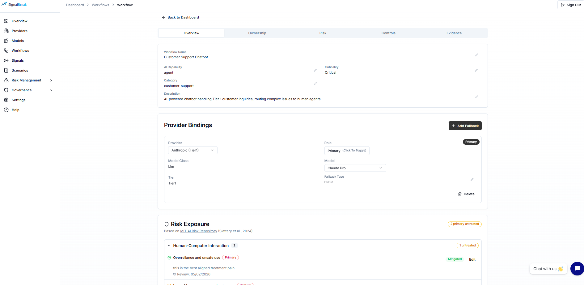 Workflow Overview tab showing name, capability, bindings, and risk exposure